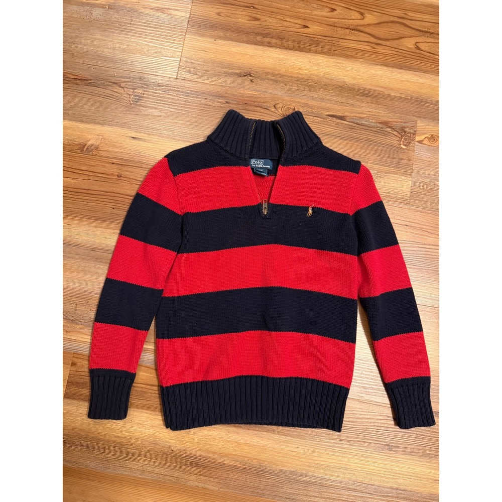 Polo Ralph Lauren Boys Navy Red Striped Quarter Zip Sweater Size M 10-12 Pony